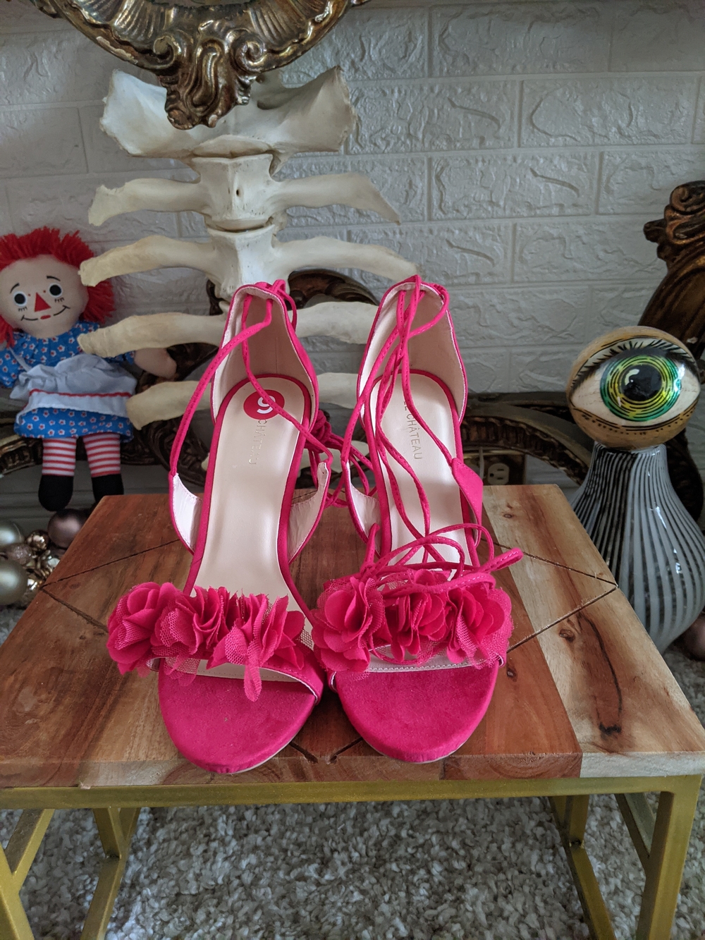 Le Chateau Hot Pink Floral Lace-Up Heeled Sandals